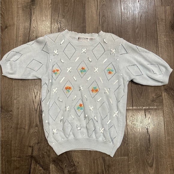 Vintage Western Connection Sweater Sz S Blue Pointelle Ribbon Bouquet Floral - Picture 10 of 10